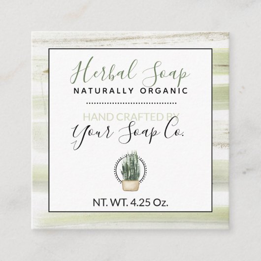 水彩グリーン + 植物 (カスタム) # ソープハングタグ スクエア名刺 (正面)