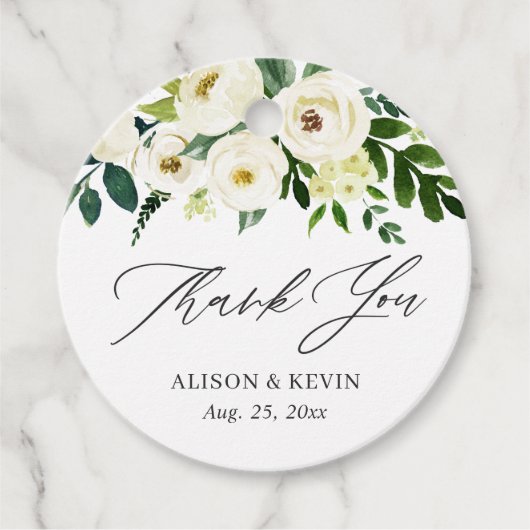 水彩グリーン 白 花の感謝 フェイバータグ (正面)