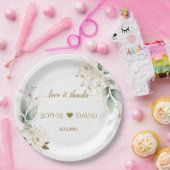 水彩グリーン 白 花 ゴールドの結婚式 ペーパープレート (パーティー)