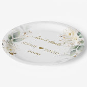 水彩グリーン 白 花 ゴールドの結婚式 ペーパープレート (アングル)