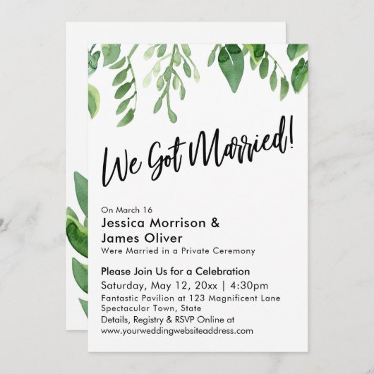 水彩グリーン 結婚しました！ お祝い 招待状 (正面/裏面)
