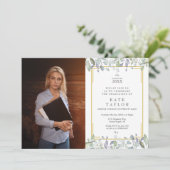 水彩グリーン 花の卒業パーティーの写真 招待状 (スタンド正面)