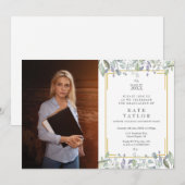 水彩グリーン 花の卒業パーティーの写真 招待状 (正面/裏面)