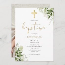 水彩グリーン 花 モダン ゴールド 洗礼 フォト 招待状