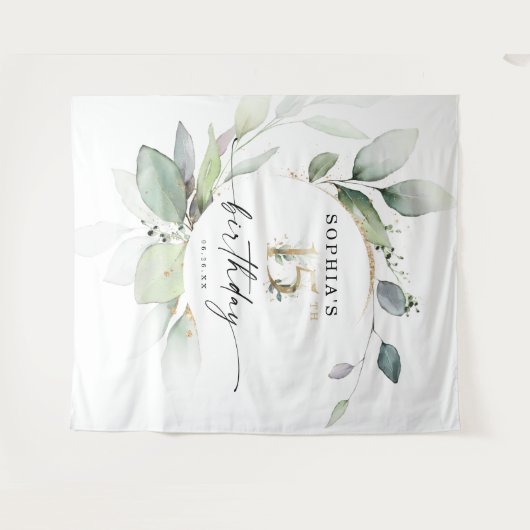 水彩グリーン 15歳の誕生日バックドロップ タペストリー (正面(横))