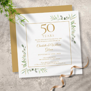 水彩グリーン 50周年結婚記念日 招待状