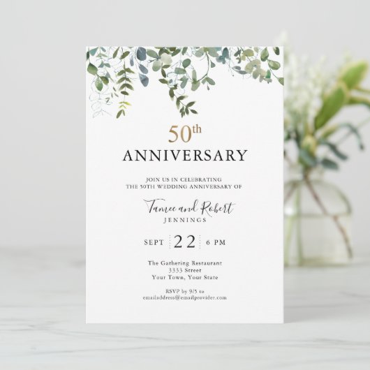 水彩グリーン 50周年 結婚記念日 招待状 (スタンド正面)