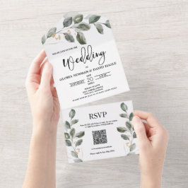 水彩グリーンQRコードウェディング オールインワン招待状