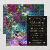 水彩グレンジのピーコックと花のキンセアニエラ 招待状 (正面/裏面)