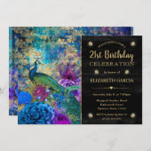 水彩グレンジの孔雀と花の誕生日 招待状 (正面/裏面)