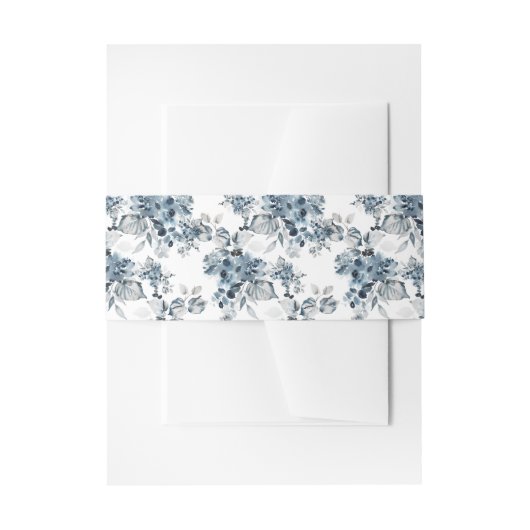 水彩グレーと青のフローラルパター結婚ン 招待状ベリーバンド (正面例)