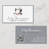水彩グレーほこりバラ裁縫機QRコード 名刺 (正面/裏面)