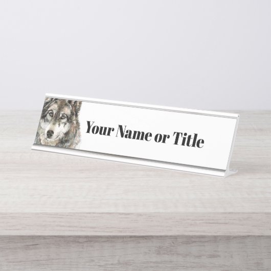 水彩グレーウルフアニマルラブウルブアート デスクネームプレート (正面)