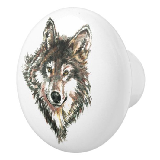 水彩グレーウルフアニマル自然アートパターン セラミックノブ (右)