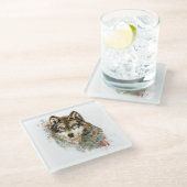 水彩グレーウルフ野生動物自然アート ガラスコースター (アングル)