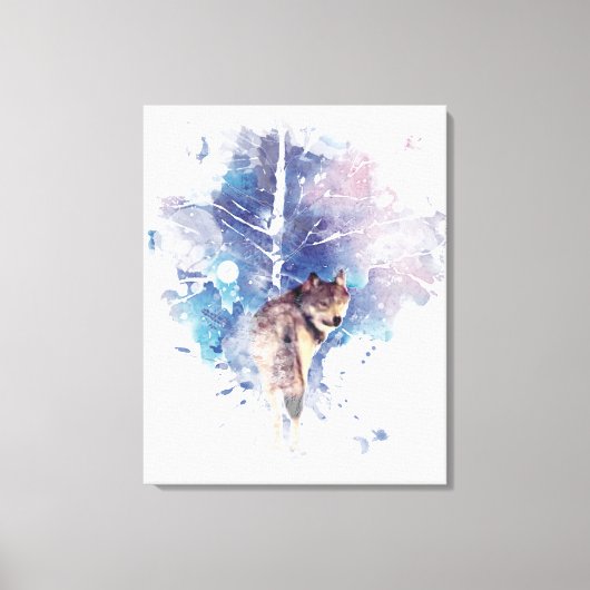 水彩グレーウルフ野生動物自然アート キャンバスプリント (正面)