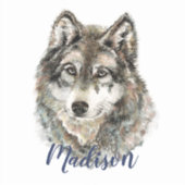 水彩グレーウルフ野生動物自然アート シール (正面)