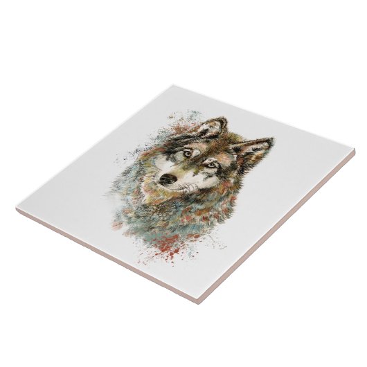 水彩グレーウルフ野生動物自然アート タイル (側面)