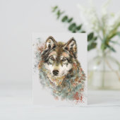 水彩グレーウルフ野生動物自然アート ポストカード (スタンド正面)