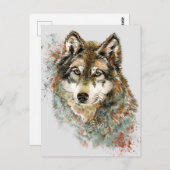 水彩グレーウルフ野生動物自然アート ポストカード (正面/裏面)