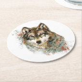 水彩グレーウルフ野生動物自然アート ラウンドペーパーコースター (アングル)