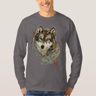 水彩グレーウルフ野生動物自然アート Tシャツ