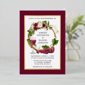 水彩グレープつる植物フローラリースブルゴーニュ金ゴールド 箔招待状 (立ち正面)