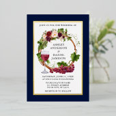 水彩グレープつる植物フローラリースブルー金ゴールド 箔招待状 (立ち正面)