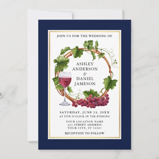 水彩グレープつる植物リースフォトブルー結婚ズ 招待状 (正面)