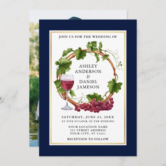 水彩グレープつる植物リースフォトブルー結婚ズ 招待状 (正面/裏面)