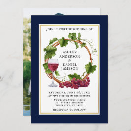 水彩グレープつる植物リースフォトブルー結婚ズ 招待状