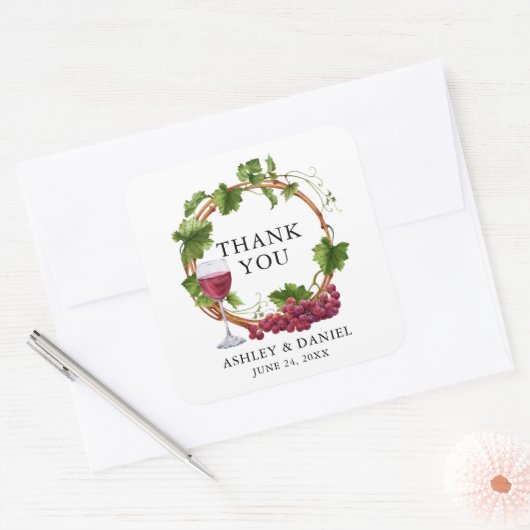 水彩グレープつる植物リース結婚ズサンキューユー スクエアシール (封筒)