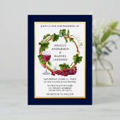 水彩グレープつる植物リース結婚ズブルー金ゴールド 箔招待状 (立ち正面)