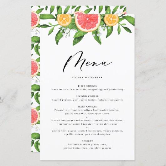 水彩グレープフルーツとオレンジ柑橘系メニューカード (正面/裏面)