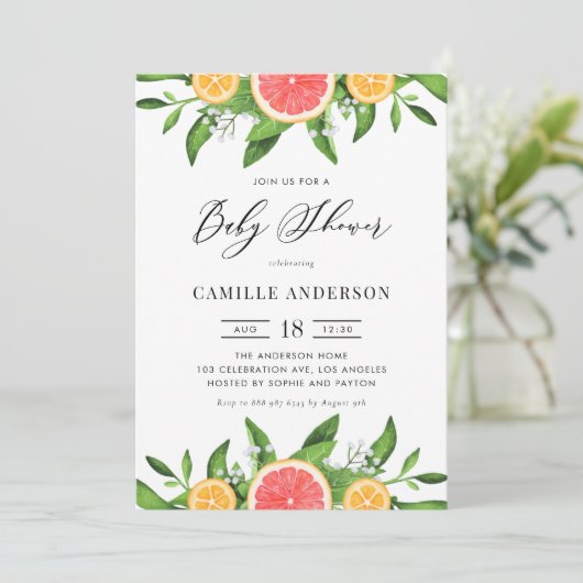 水彩グレープフルーツのオレンジ夏の赤ちゃんシャワー 招待状 (スタンド正面)