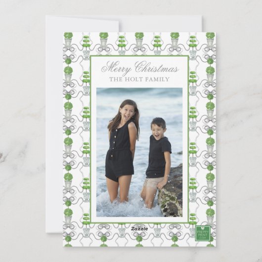 水彩グレー弓&グリーンガーランドトピアリーフォト シーズンカード (裏面)