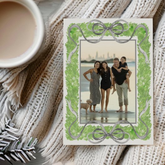 水彩グレー弓&グリーンガーランドトピアリーフォト シーズンカード