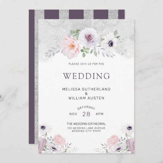 水彩グレー薄紫赤面結婚フローラ 招待状 (正面/裏面)