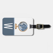 水彩グローブ、ブルー、ホワイト、ブラウンキッドのイニシャル ラゲッジタグ (正面横)