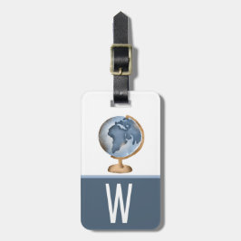 水彩グローブ、ブルー、ホワイト、ブラウンキッドのイニシャル ラゲッジタグ