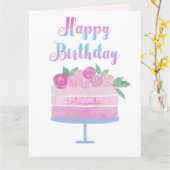 水彩ケーキとピンクローズ誕生日カード カード (黄色い花)