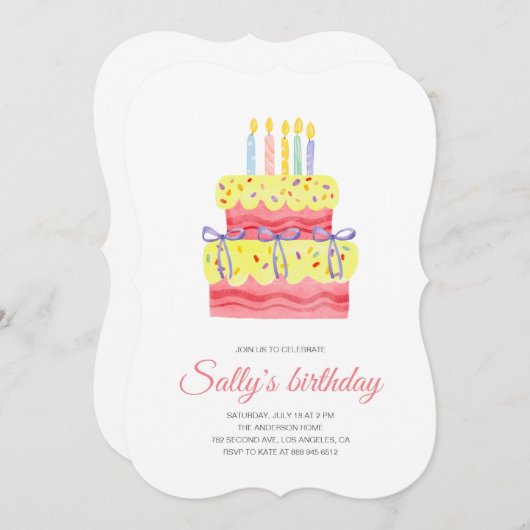 水彩ケーキファースト誕生日招待状 (正面/裏面)