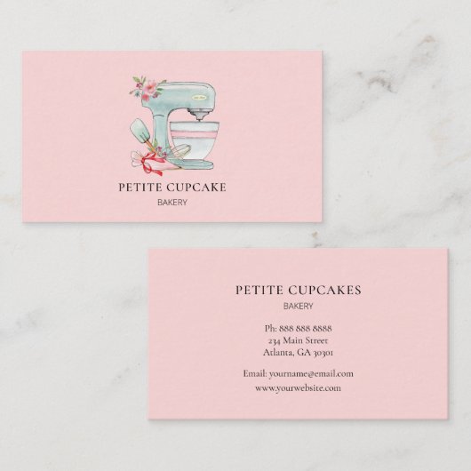 水彩ケーキミキサーロゴピンクベーカリー 名刺 (正面/裏面)
