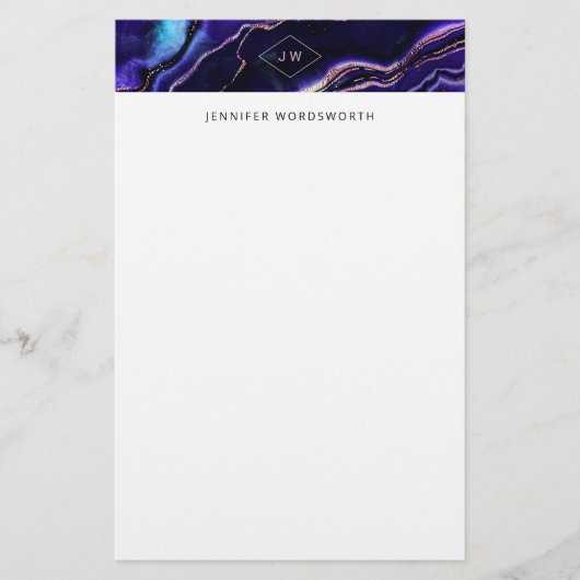 水彩ゲード深いブルーパープルバラ金ゴールドゲート 便箋 (正面)