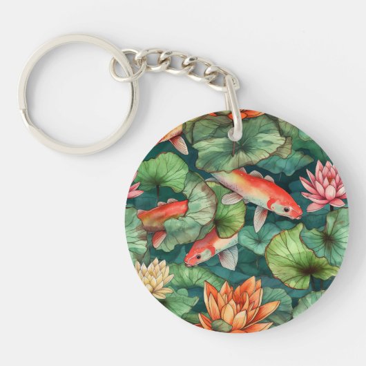 水彩コイと睡蓮アクリルキーチェーン キーホルダー (正面)