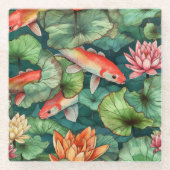 水彩コイと睡蓮ガラスのコースター ガラスコースター (正面)