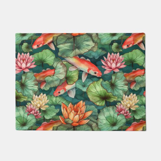 水彩コイと睡蓮ドアマット ドアマット (正面)