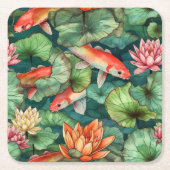水彩コイと睡蓮紙コースター スクエアペーパーコースター (正面)