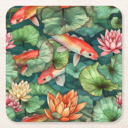 水彩コイと睡蓮紙コースター スクエアペーパーコースター (正面)