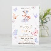 水彩コウノトリ蝶ドット赤ちゃんシャワー 招待状 (スタンド正面)